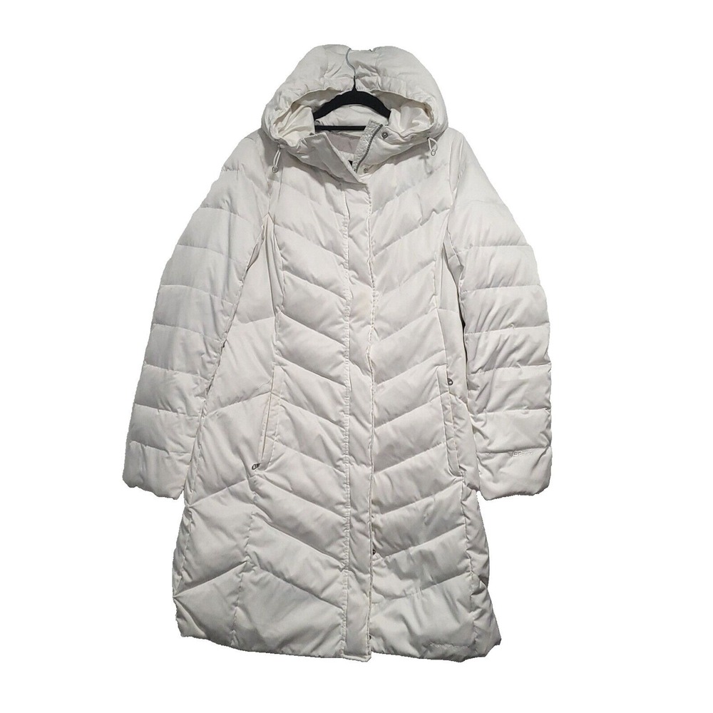 Eddie Bauer Goose Down long Puffer Coat S quilted White EB650 fill Power Hood